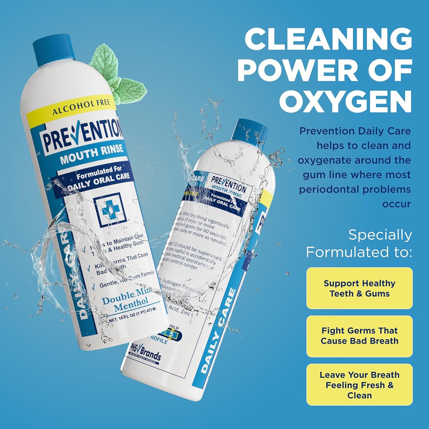 Prevention Daily Care Alcohol-Free Mouthwash, Hydrogen Peroxide Teeth Whitening with Soothing Double Mint for Bad Breath Treatment, Fluoride-Free Gum Care Oral Mouth Rinse 16 oz 2 Pack