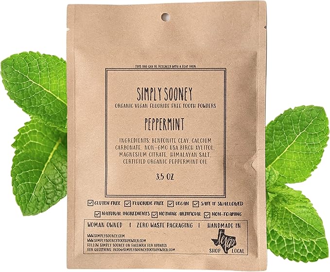 Simply Sooney Vegan Fluoride Free Toothpaste Powder I Organic Peppermint Essential Oil I Natural Whitening I Stronger Teeth (3.5 oz (Jar BPA Free Plastic))