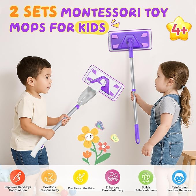2 Set Toy Mop for Kids - Toddler Real Spray Mop and Flat Floor Mop Montessori Cleaning Toy Set, Educational and Fun Gifts for Boys and Girls Ages 4+