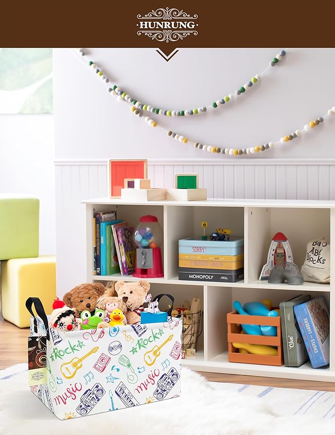 HUNRUNG Rectangle Storage Basket Cute Canvas Organizer Bin for Pet/Children Toys, Books, Clothes Perfect for Rooms/Playroom(REC-Musical instrument)