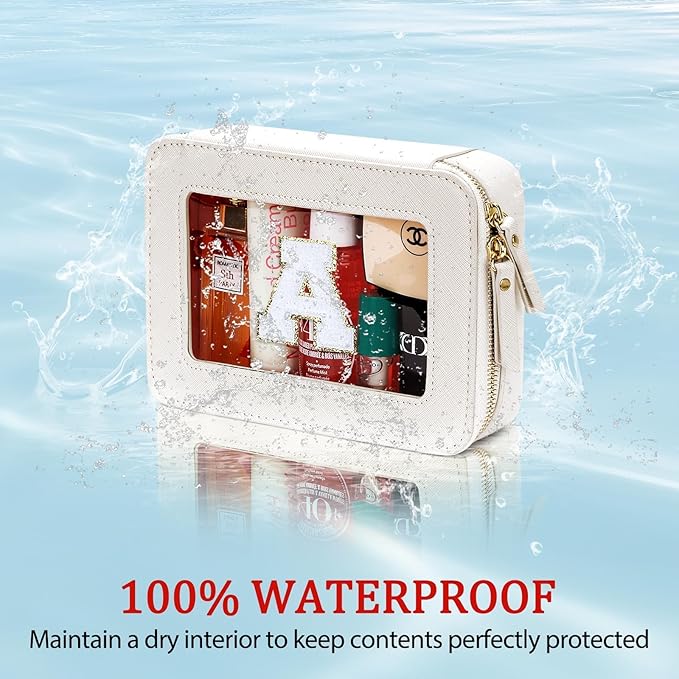 Initial Travel Toiletry Bag - Cosmetic Bags for Girls with Zipper, Clear & Potable Makeup Bag for Travel, Cosmetic Pouch Perfect Gifts for Graduation (Beige, A)