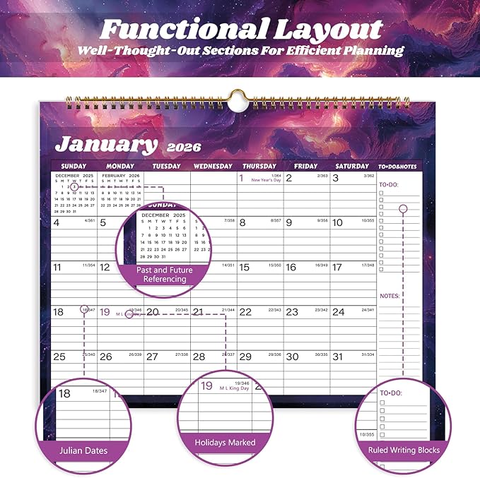 2026 Calendar 12 Month Wall Calendar 2026, Jan to Dec 2026 Calendar with Julian Dates, 14.8" X 11.5" (2026 Wall Calendar Star Dust)