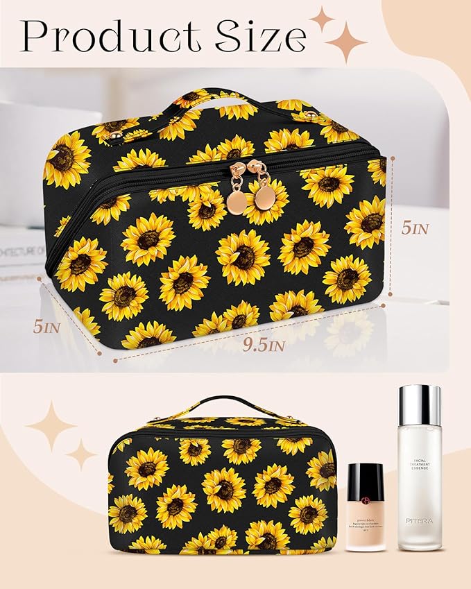 Bistup Makeup Bag Travel Cosmetic Bag Toiletry Make Up Bags Cute Women Large Capacity Big Medium Leather Sunflower Aesthetic Portable Teen Girl Teenage Foldable Expandable Compact Open Flat Zip