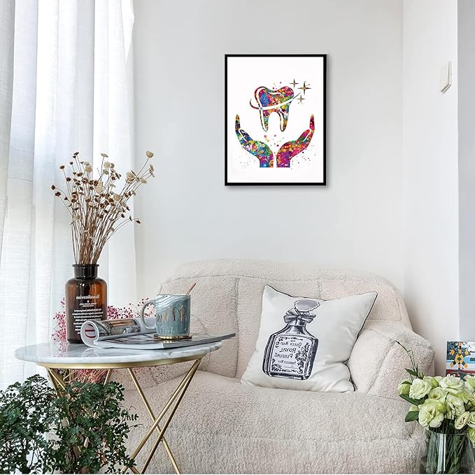 HFKSRJGW Medical Decor Dentistry,Dental Care Art Watercolor Print Tooth Medical Art Surgeon Dental Clinic Decor Gift Dental Dentist Art Dentistry Office Dental Hygienist,16"x20"Framed Wall Art