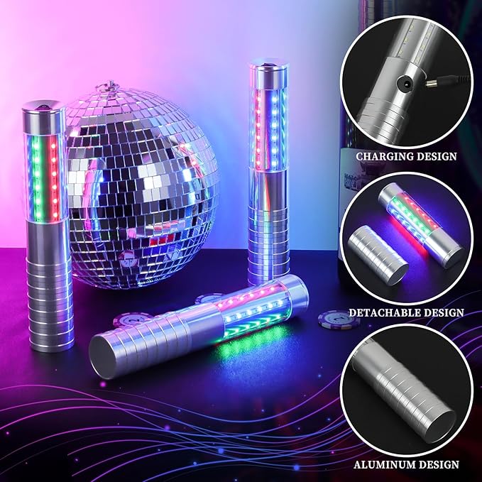 2 Pieces RGB LED Strobe Baton Light Rechargeable Bottle Service Sparklers Stick Reusable Champagne Bottle Handheld LED for Club Stage Nightclub Party Concert Event Bar Outdoor - Silver