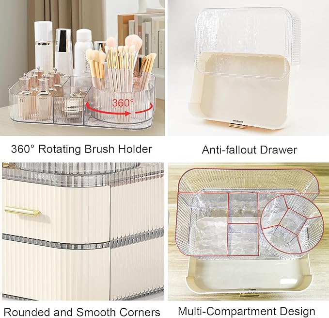 DASITON Makeup Organizer with Drawers and Rotating Makeup Brush Holder,Large Capacity Stackable Cosmetic Organizer Countertop,Bathroom Organizers and Storage,Make up Organizers for Vanity (Cream 02)