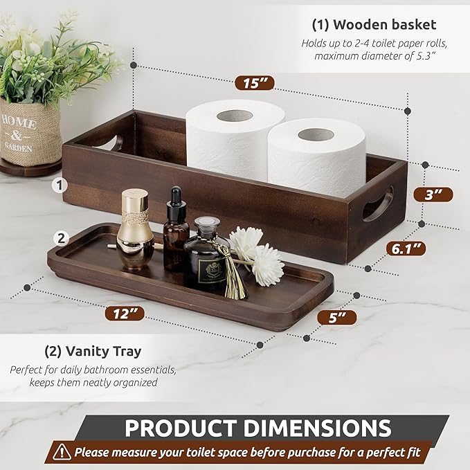 Handmade Toilet Tank Basket Topper & Vanity Tray Set of Natural Acacia Wood by DEMIGO, Created by Skilled Artisans, Smooth, Durable, Attractive Decor for Bathroom, Kitchen, Home, Spa (Dark Brown)