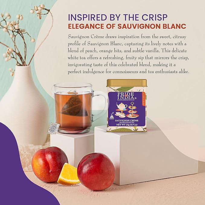 Pride of India | PACK of 6 - Sauvignon Crème Peachy Oolong Tea | 15 Pyramid Full Leaf Individually Wrapped Tea Bags | Fruity, Creamy & Citrusy Taste | Refreshing & Relaxing Experience | Caffeine
