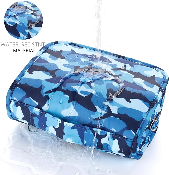 Kids Hanging Toiletry Bag for Boys, Travel Toiletry Bag for Little Young Boys Waterproof Wash Bag Toddler Traveling Toiletries, Shark Blue Camo