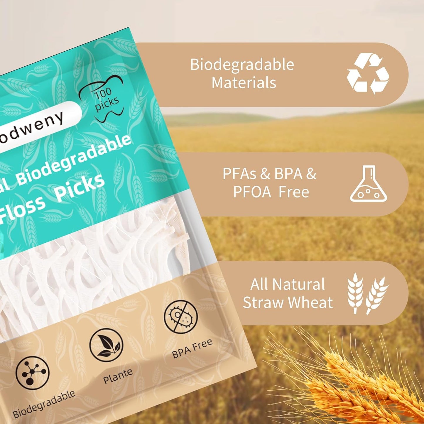 Biodegradable Dental Floss Picks 200 Count, Vegan Plant Based Handle,Eco Friendly Tooth Flossers Toothpick Soft Cleaning for Kids and Adult on Gums (200)