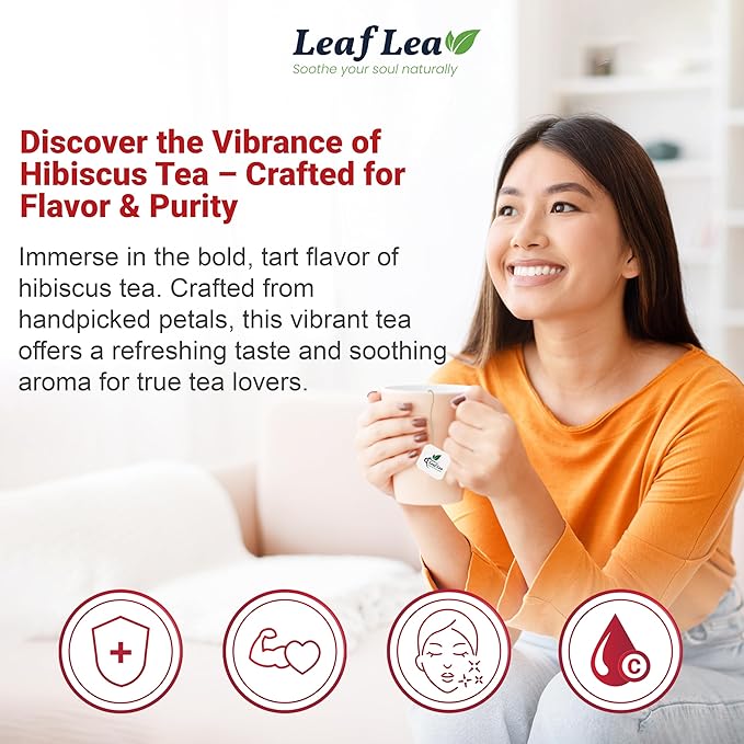 LeafLea 80 Hibiscus Tea Bags, 100% Natural Hibiscus Flowers, Caffeine-Free Herbal Tea, Red Hibiscus Flower Tea Bags, Te de Hibisco Natural, Sugar-Free, Non-GMO, Gluten-Free, Vegan (Pack of 2)