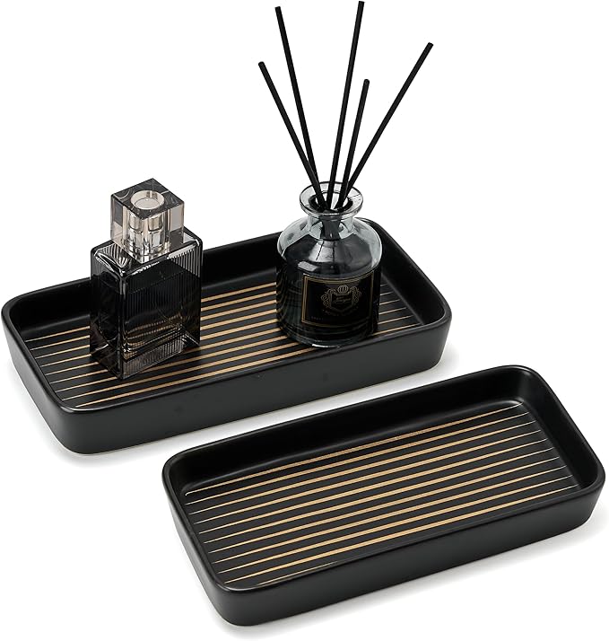 Bathroom Vanity Tray for Countertop,2PC Rectangle Striped Tray,Decorative Bathroom Organizer for Scrubber, Lotion Bottles, Perfume, Jewelry, Candle, Key Trinket Ring(Small,Black)