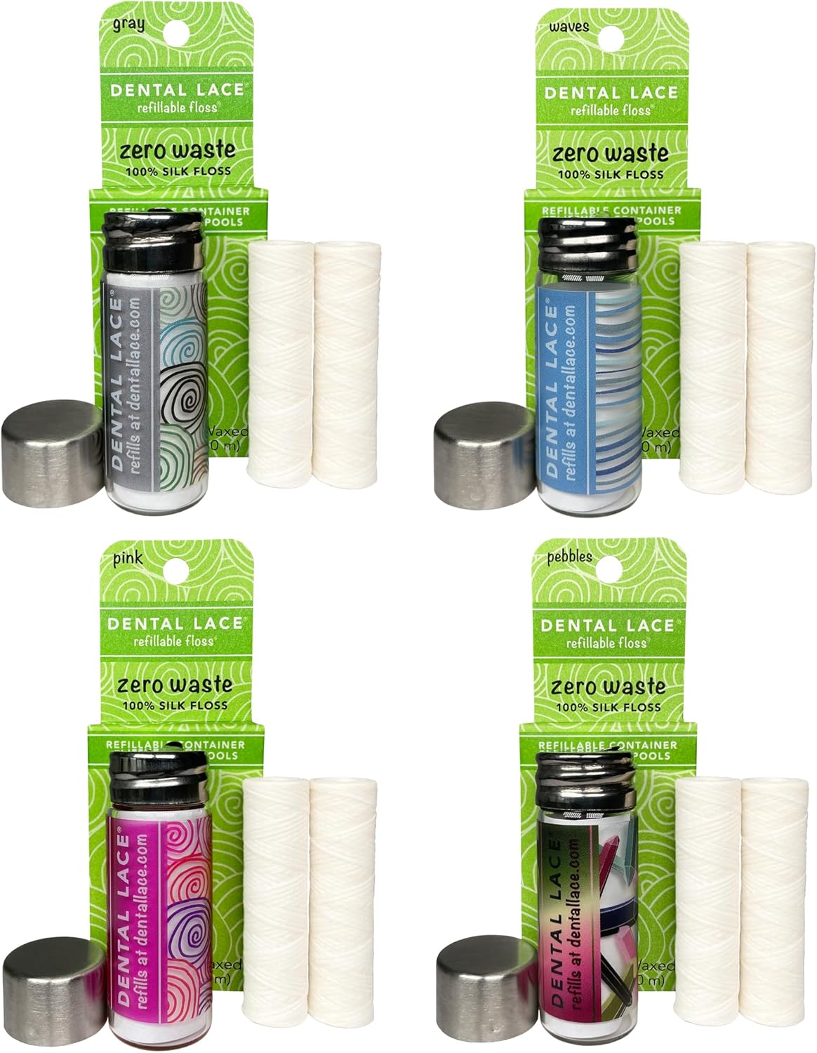 Dental Lace Refillable Silk Dental Floss | Multi-Color Glass Containers - 100% Silk Floss with Mint Flavor, PFAS & PTFE Free (Total 66 Yards) – Eco-Friendly Recyclable Packaging (Pack of 4)