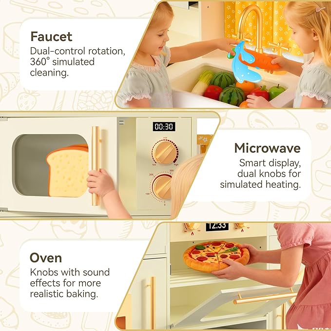 Play Kitchen for Toddlers with Felt Storage Boxes & Range Hook, Wooden Kids Kitchen Playset with Oven, Microwave, Ice Maker, Toy Kitchen Set with Coffee Maker for Girls & Boys Age 3+, Yellow Curtains