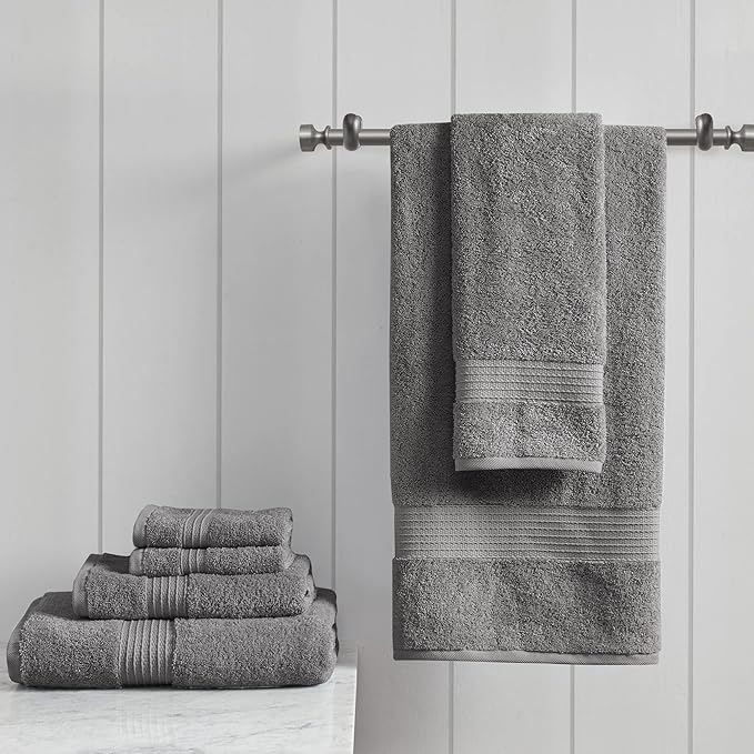 Madison Park Organic 100% Cotton Bathroom Towel Set, Hotel & Spa Quality Highly Absorbent, Quick Dry, Include for Shower, Handwash & Facial Washcloth, Multi-Sizes, Charcoal