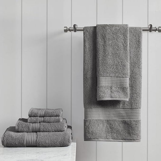 Madison Park Organic 100% Cotton Bathroom Towel Set, Hotel & Spa Quality Highly Absorbent, Quick Dry, Include for Shower, Handwash & Facial Washcloth, Multi-Sizes, Charcoal