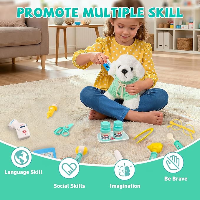 Doctor Kit for Toddlers 3-5, Kids Doctors Pretend Play Set with Plush Dog, Toy Stethoscope Veterinarian Playset for Girls Boys Role Play Vet Kits Christmas Birthday Gift Aged 3 4 5 6 7 Years