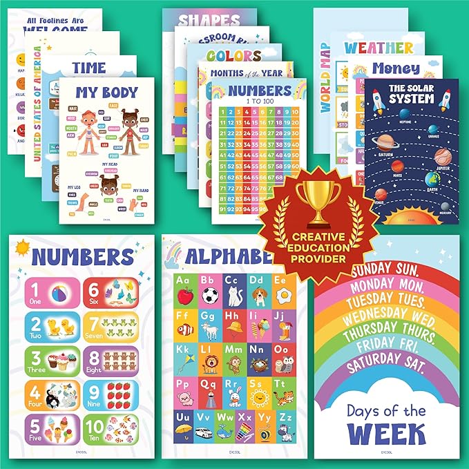 EXCOOL CLUB 16 Colorful Educational Posters For Toddlers 1-3, Toddler Learning Posters For Kids Ages 3-5, Kindergarten Classroom Must Haves, Laminated Abc Number Chart Prek Classroom Decor Preschool