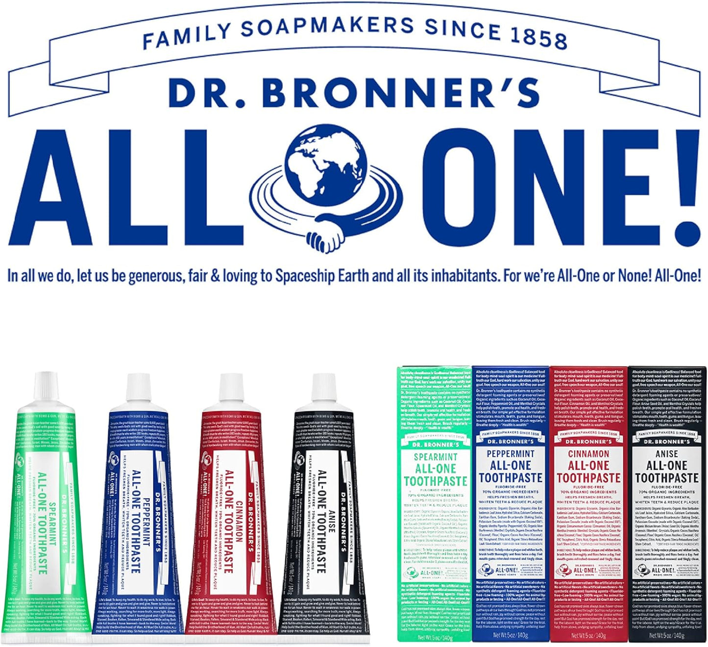 Dr. Bronner’s - All-One Toothpaste Variety Pack - Peppermint & Spearmint, 70% Organic Ingredients, Fluoride-Free, Helps Freshen Breath, Vegan (5oz, 4-Pack)