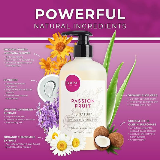 DANI Naturals Moisturizing Hand Soap - Passion Fruit Scent, Hydrating, Sulfate-Free & Paraben-Free, 12 Oz Bottle with Pump, Gentle Cleansing for Dry Skin