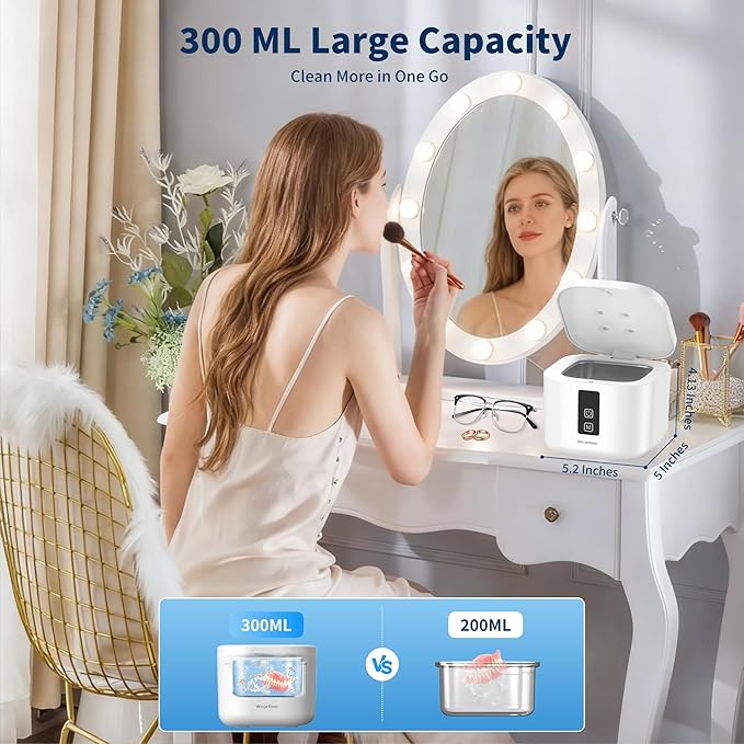 Retainer Cleaner, Ultrasonic Retainer Cleaner Machine 48kHz for Dentures, Mouth Guards, Braces, Toothbrush Heads, Jewelry, Ring with 300ML Capacity, 4 Modes Retainer Cleaning - White
