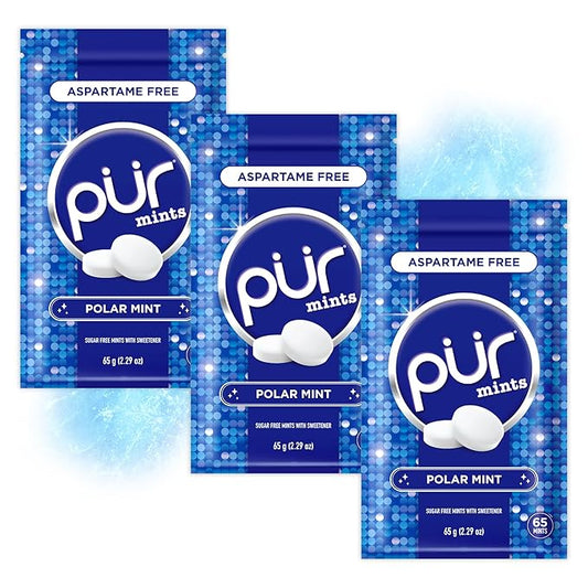 PUR Mints | Aspartame Free Breath Mints | Made with Xylitol | Sugar Free, Vegan, Gluten Free | Natural Polar Mint Flavor | 65 Pieces in Re-Sealable pouch (Pack of 3)