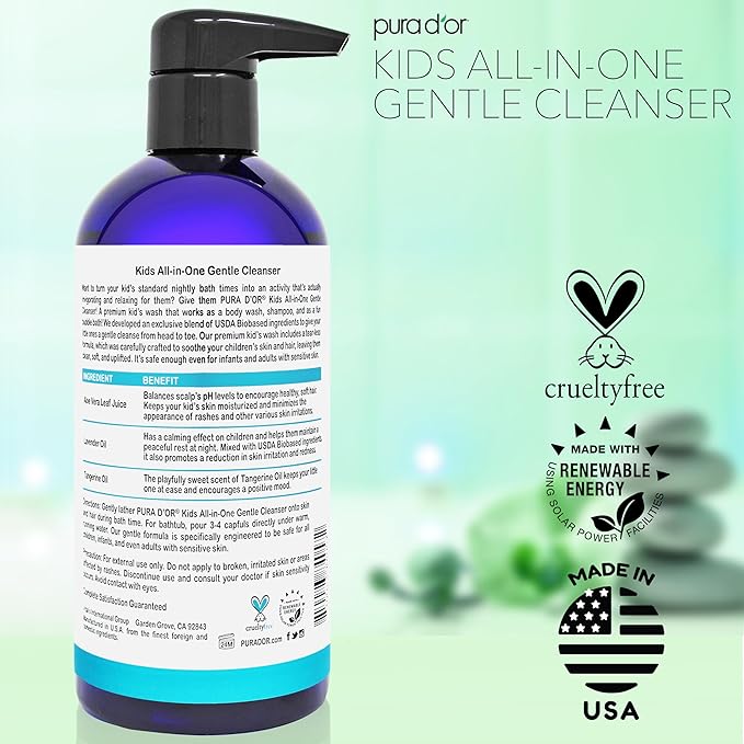 PURA D'OR Kids Wash (16oz x 2 = 32oz) All-in-One Gentle Cleanser - USDA Biobased, Sulfate-Free, Tear-Less, Hypoallergenic, Premium, Shampoo & Bubble Bath