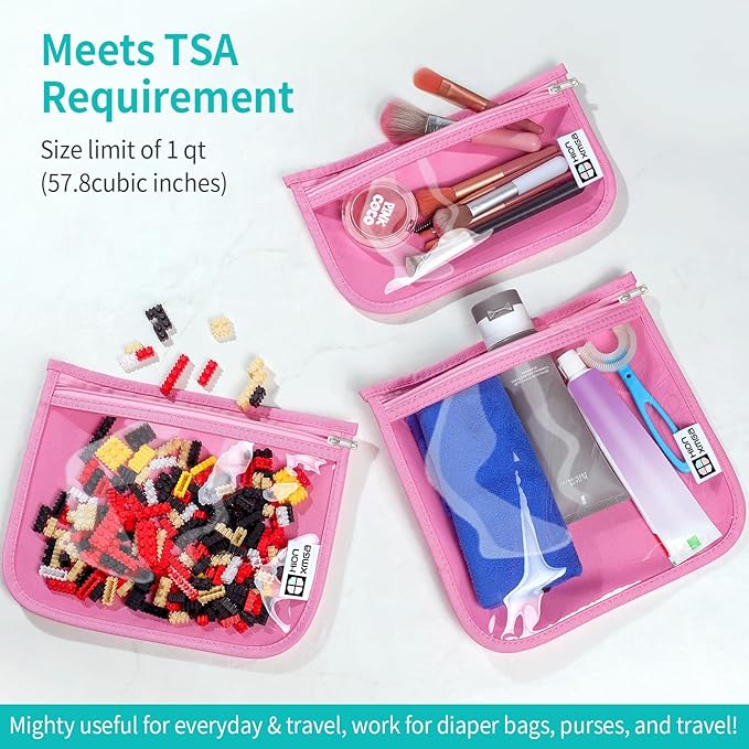 TSA Approved Toiletry Bag, Set of 3 Clear Travel Toiletry Bag Quart Size Zipper Travel Pouch, Waterproof Makeup Cosmetic Bag for Women Men Kids Toiletries Carry on, Pink