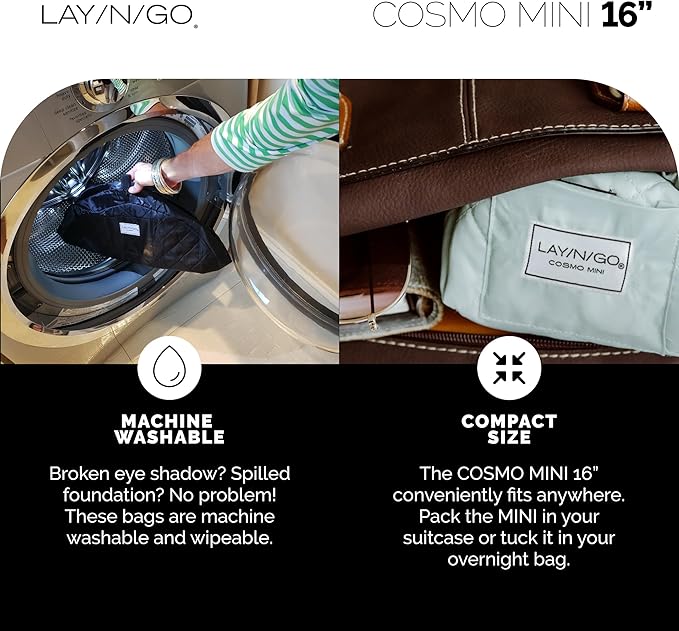 Lay-n-Go Cosmo Layflat Drawstring Cosmetic & Makeup Bag Organizer - Portable Drawstring Makeup Bag w/Zipper Pocket & More - Durable, Machine Washable Toiletry Bag for Travel (16", Crossmark)