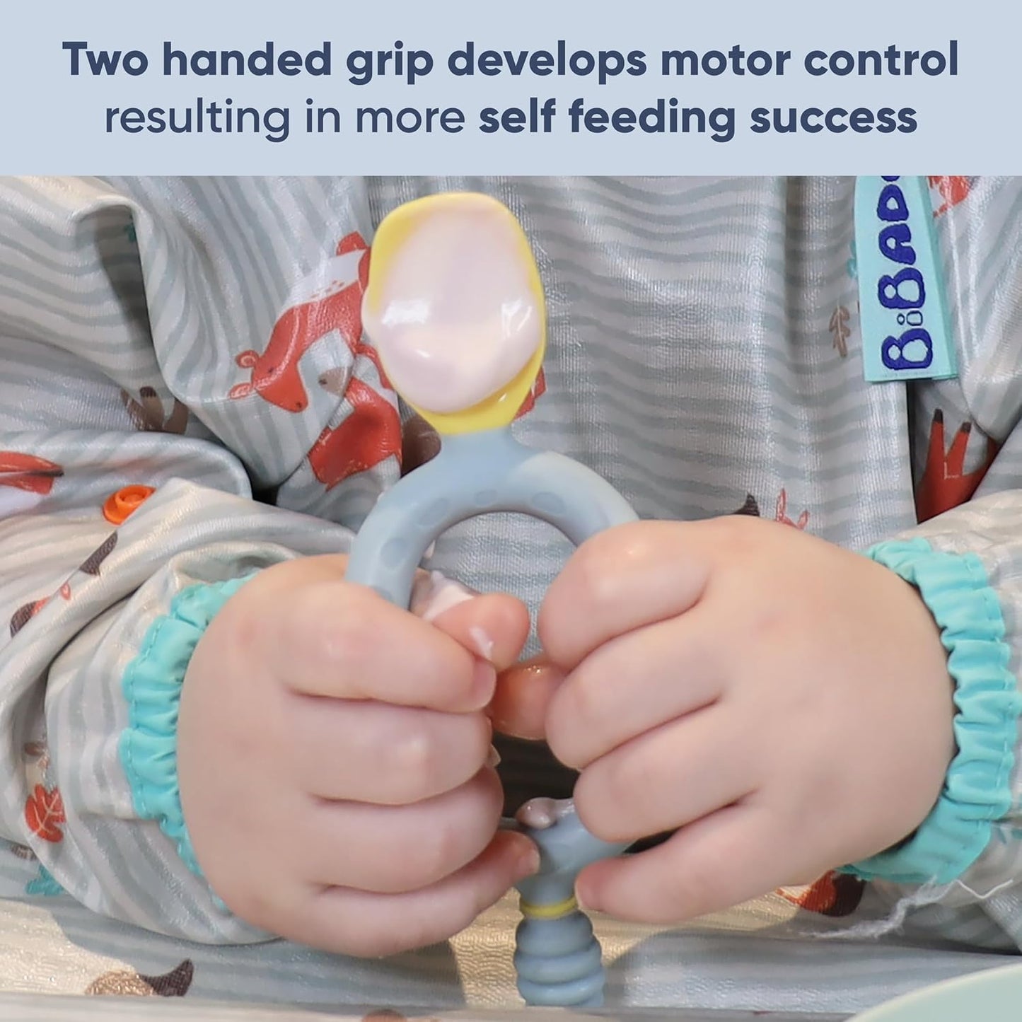 Bibado - Dippit Baby Spoon and Dipper, Green & Grey (2-Pack) - Soft, Chewable Dipper & Deep Spoon - Two-Hand, Sensory Grip - Toddler Utensils - Baby Led Weaning Supplies - Baby Essentials - 6 Months+