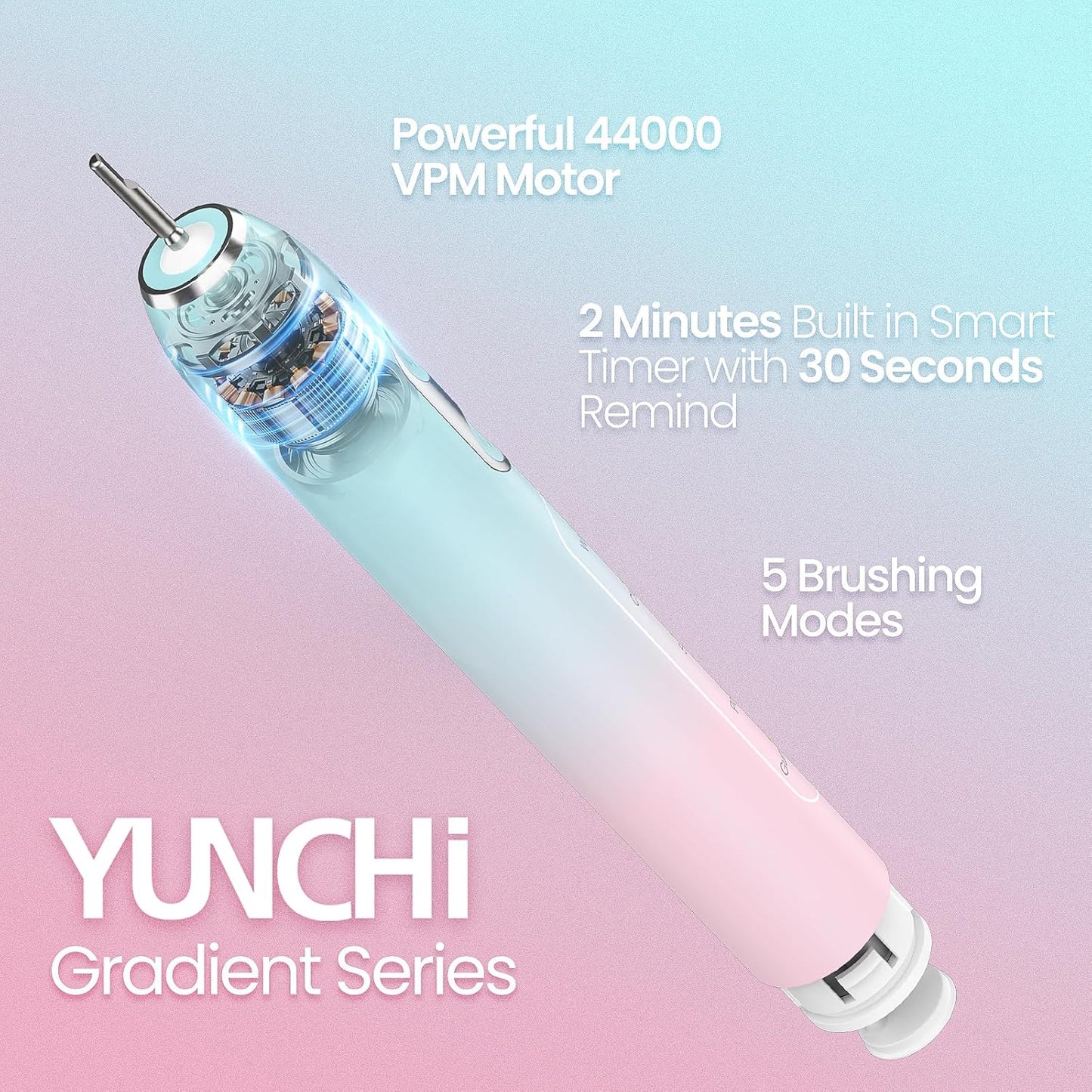 YUNCHI Sonic Electric Toothbrush for Adults & Teen, Rechargeable Battery Electric Toothbrush, 8 Brush Heads, 5 Modes, 44000 VPM Motor, 2 Min Smart Timer, IPX7 Waterproof, Travel Case, 90 Days-Gradient