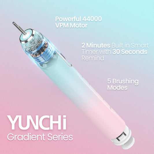 YUNCHI Sonic Electric Toothbrush for Adults & Teen, Rechargeable Battery Electric Toothbrush, 8 Brush Heads, 5 Modes, 44000 VPM Motor, 2 Min Smart Timer, IPX7 Waterproof, Travel Case, 90 Days-Gradient