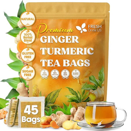 FreshDrinkUS, Premium 45 Ginger Turmeric Tea Bags, 100% Natural Ingredients, Hand-made Blend of Ginger and Turmeric Herbal Tea, Eco-conscious Tea Bags. No Sugar, No Caffeine, No Gluten, Vegan.