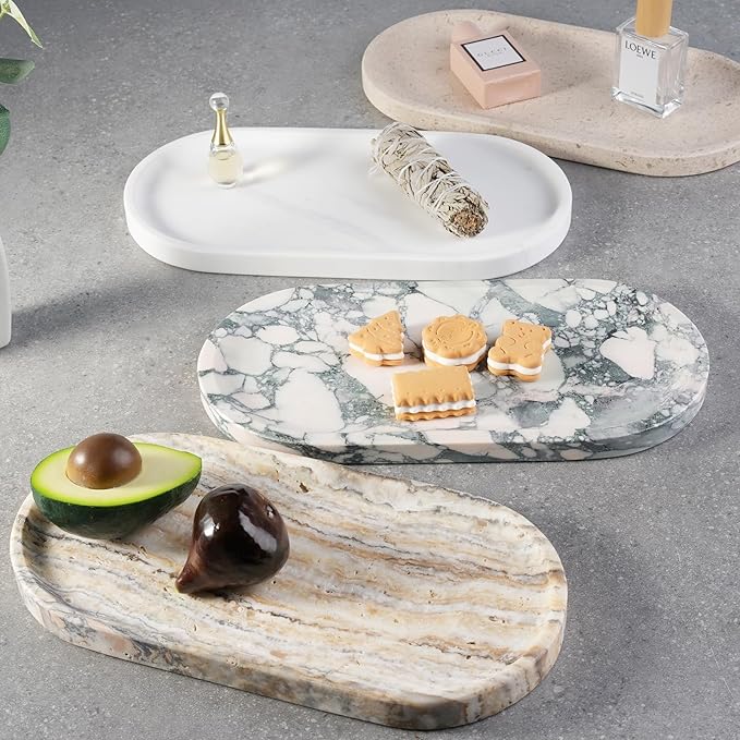 Koville Natural Marble Tray for Bathroom Countertop, Marble Storage Trays for Perfume, Cosmetics, Jewelry, Vanity Tray Stone Trays for Kitchen, Decorative Tray for Dresser Organizer(Calacatta White)