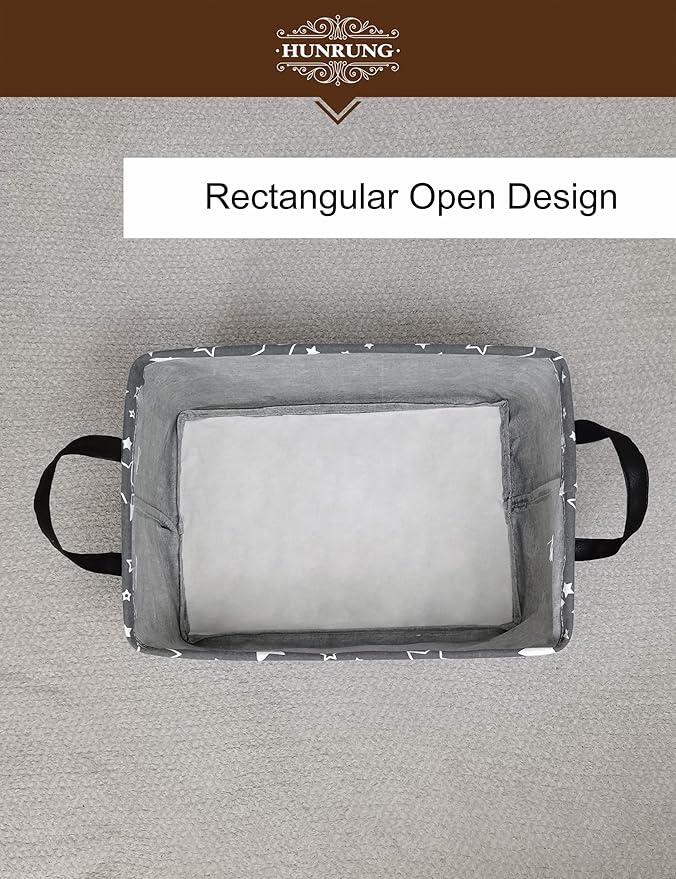 HUNRUNG Rectangle Storage Basket Cute Canvas Organizer Bin for Pet/Children Toys, Books, Clothes Perfect for Rooms/Playroom(REC-Grey star)