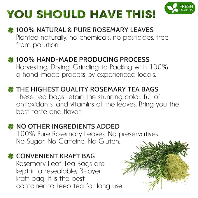 FreshDrinkUS, Premium 75 Rosemary Leaf Tea Bags, 100% Natural and Pure Rosemary Dried Leaves, Pure Herbal Tea, No Additives, No Caffeine, No Gluten, Vegan.
