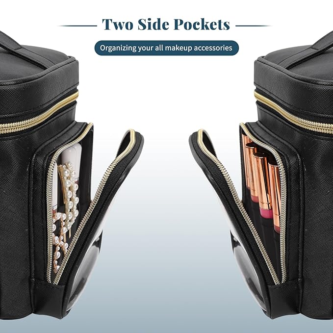 Large Makeup Bag with LED Mirror, Travel Makeup Bag Organizer for Women Girls with Makeup Brush Compartment & Two Side Pockets, 3 Color Lights Cosmetic Toiletry Bag- Leather Black