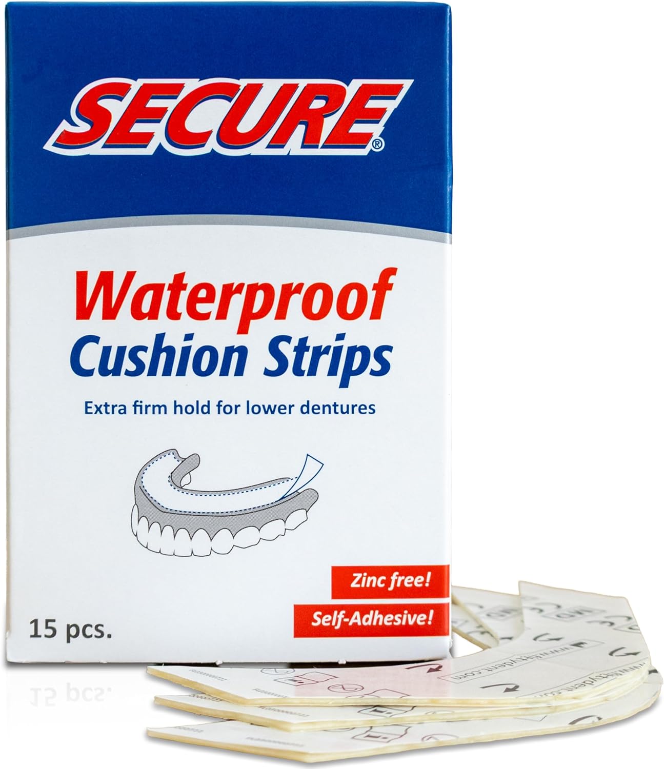 Secure Denture Adhesive Strips – Zinc Free – Waterproof – Comfortable Cushion Fit for Lowers – Extra Firm All-Day-Hold – No Mess – Clean Ingredients - 75 Strips (5 Pack)