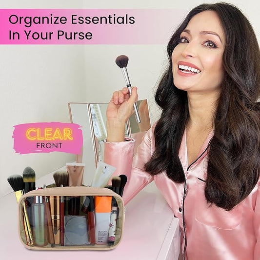 Clear Makeup Bag, Beige Mini Makeup Bag for Purse, Small Clear Cosmetic Bag, Pouch Organizer, Travel Cosmetic Case, Mini Pouch for Purse, Beige