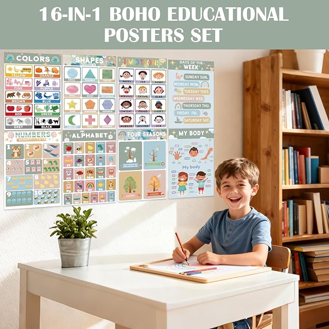 16 Educational Posters for Preschoolers, Laminated PreK Learning Poster Charts for Toddlers 1-3, Learning Wall Charts for Kids’ Bedroom, Playroom, Preschool, Kindergarten and Homeschool (Morandi B)