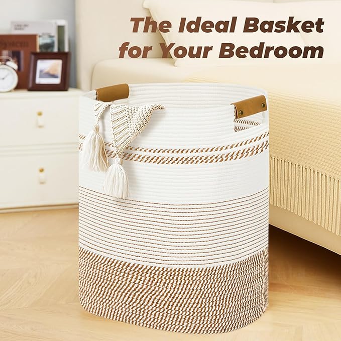 Laundry Basket with Handles - Blanket Basket & Hampers for Bedroom Aesthetic, Laundry Hamper & Blanket Storage for Living Room, Clothes Hamper, Tall, Large 17" x 14" x 22”, Brown & White