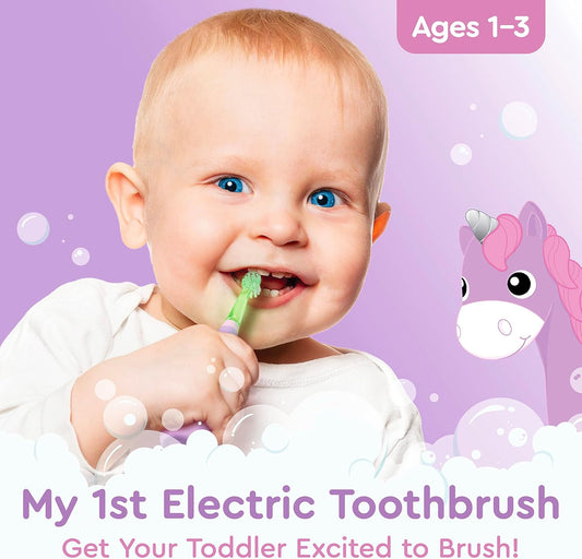 Brusheez Little Toddlers’ Sonic Toothbrush - Safe & Gentle Toothbrush for Ages 1-3 with Built-in, Light-Up 2-Minute Timer, Extra Brush Head, & Storage Base for First-Time Brushers (Lucky The Unicorn)