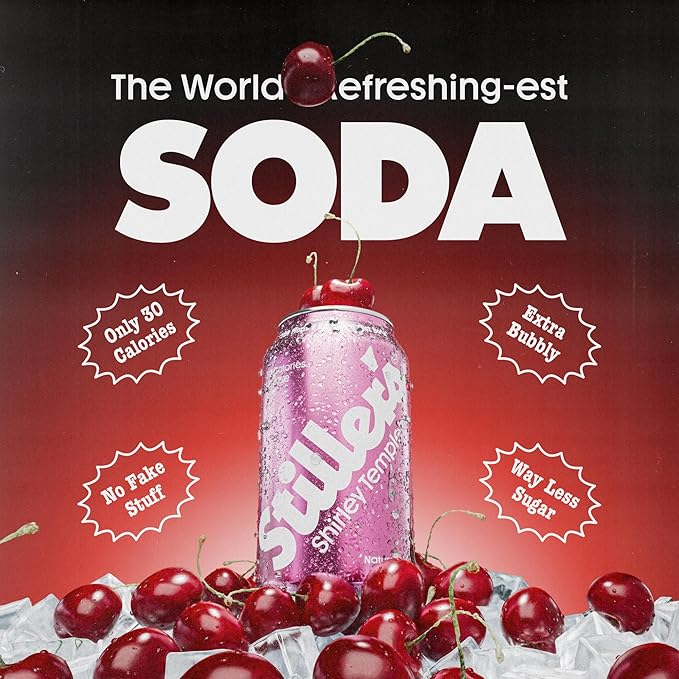 Stiller’s Shirley Temple Soda – 12 Pack Cans – Sparkling Cherry Lemon Lime Mocktail Drink – Low Sugar, Caffeine-Free, Natural Soda Pop with Real Cane Sugar, Stevia & Vitamins – Alternative to Diet Soda