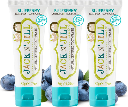 Jack N' Jill Natural Toddler Toothpaste - Fluoride Free Training Toothpaste for Toddlers 1-3, 40% Xylitol, BPA Free - Blueberry 1.76 oz (Pack of 3)