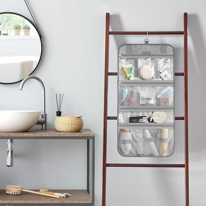 PAVILIA Hanging Toiletry Bag Women Men, Travel Kit Foldable Large Toiletries Organizer, Roll up Cosmetics Makeup Bag Accessories, Waterproof Essentials Jewelry Case (Heather Grey)