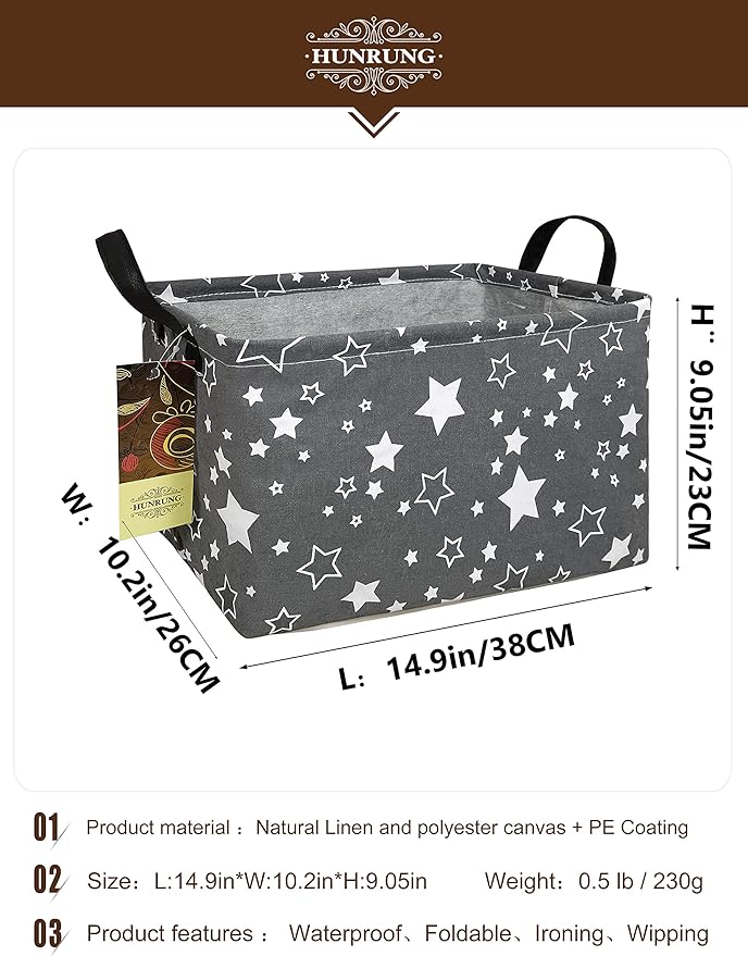 HUNRUNG Rectangle Storage Basket Cute Canvas Organizer Bin for Pet/Children Toys, Books, Clothes Perfect for Rooms/Playroom(REC-Grey star)