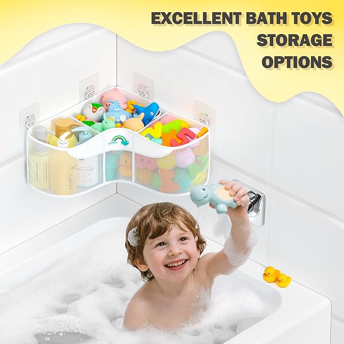 3-Compartment Corner Bath Toy Storage Organizer for Tub - Wide-Opening Mesh Kids Bath Toy Holder with Easy Sorting & Storage, Quick-Drying Machine-Washable Bathroom Organizer for Tidy Bathtub