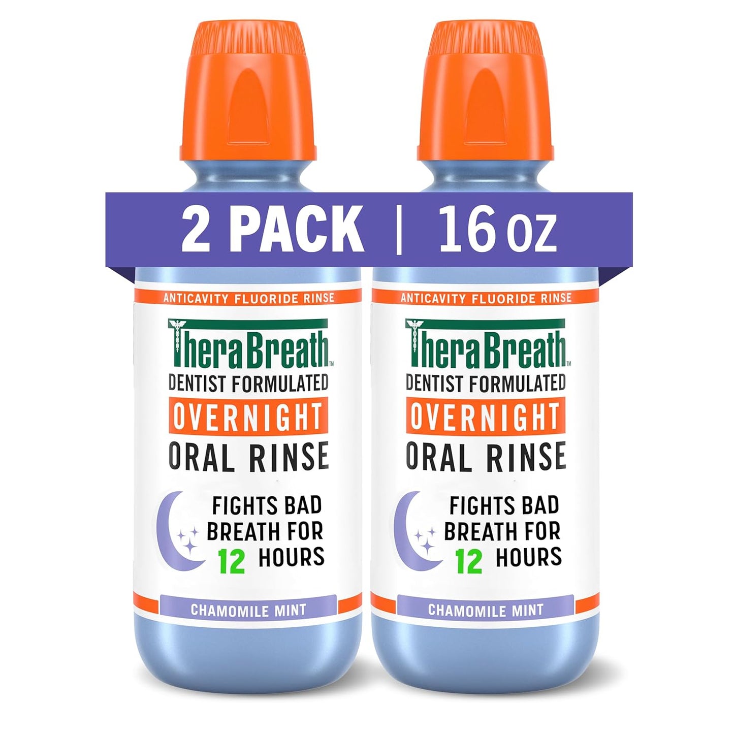TheraBreath Overnight Mouthwash, Fights Bad Breath for 12 Hours, Chamomile Mint Flavor, Dentist Formulated, Fluoride Rinse, Alcohol Free, 16 fl oz (Pack of 2)