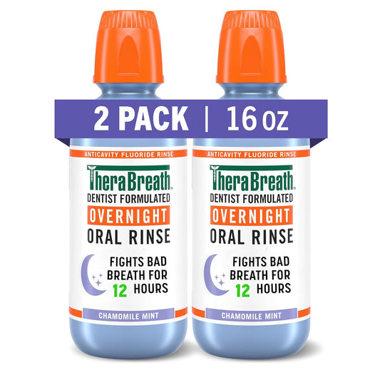 TheraBreath Overnight Mouthwash, Fights Bad Breath for 12 Hours, Chamomile Mint Flavor, Dentist Formulated, Fluoride Rinse, Alcohol Free, 16 fl oz (Pack of 2)