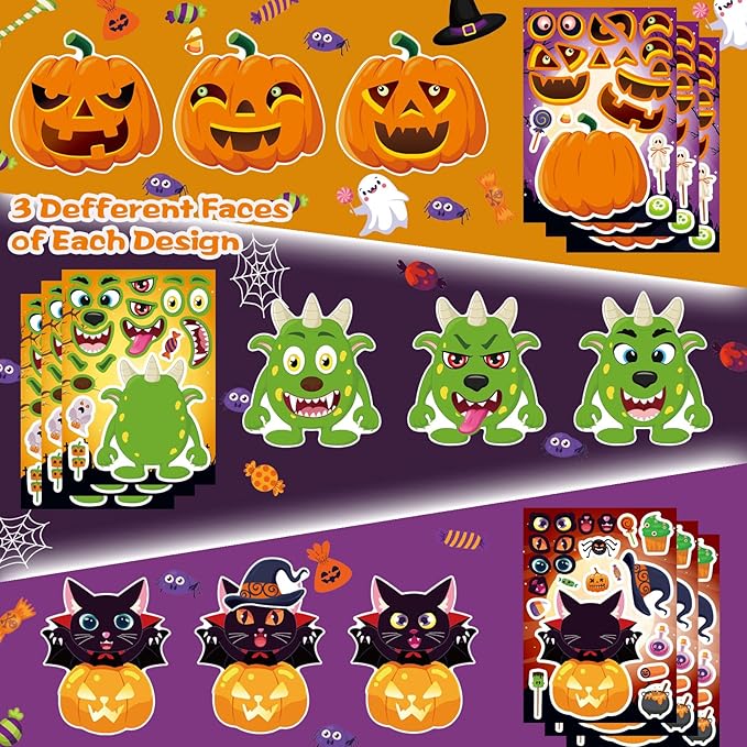 48 Sheets Halloween Make a Face Stickers for Kids, 16 Design Make Your Own Character Mix and Match Stickers Sheets Halloween Party Favor